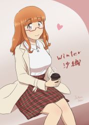 Rule 34 | 1girl, artist name, blunt bangs, casual, character name, closed mouth, coat, collared shirt, commentary, cup, disposable cup, english text, girls und panzer, glasses, heart, highres, holding, holding cup, lettuce-labo, long hair, looking at viewer, medium skirt, orange eyes, orange hair, plaid, plaid skirt, red-framed eyewear, red skirt, semi-rimless eyewear, shirt, signature, sitting, skirt, smile, solo, steam, takebe saori, under-rim eyewear, white coat, white shirt, winter clothes
