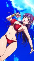 Rule 34 | 1girl, armpits, asamiya athena, bikini, breasts, cleavage, highres, large breasts, legs, long hair, microphone, navel, open mouth, purple eyes, purple hair, red bikini, smile, snk, solo, swimsuit, the king of fighters, thighs