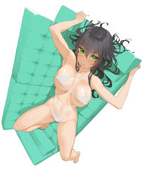 Rule 34 | 1girl, armpits, arms up, bare legs, barefoot, black hair, blush, bra, breasts, closed mouth, couch, covered navel, foreshortening, full body, green eyes, groin, highleg, highleg panties, highres, large breasts, long hair, looking at viewer, lying, on back, on couch, original, panties, simple background, skindentation, solo, throtem, underboob, underwear, underwear only, upside-down, white background, white bra, white panties