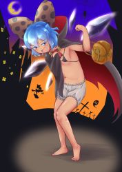 Rule 34 | 1girl, ahoge, alternate costume, barefoot, bikini, bikini top only, black bikini, black cape, bloomers, blue eyes, blue hair, blush, bow, brown bow, bug, cape, cirno, clenched hands, collarbone, colored eyelashes, covered erect nipples, crescent moon, cross, dark-skinned female, dark skin, female focus, flat chest, flexing, full body, ghost, grey wings, hair bow, half-closed eyes, halloween, halloween costume, hands up, happy, heel up, high collar, highres, ice, ice wings, katsura dendou, knees together feet apart, leaning forward, looking to the side, matching hair/eyes, moon, navel, night, open mouth, outdoors, polka dot, polka dot bow, raised eyebrow, shiny skin, short hair, sidelocks, silk, smile, solo, spider, spider web, standing, stomach, swimsuit, tanned cirno, touhou, two-sided cape, two-sided fabric, underwear, wings