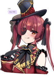 Rule 34 | 1girl, bare shoulders, black bow, black gloves, black hat, bow, breasts, cleavage, closed mouth, cropped torso, deadnooodles, detached sleeves, eyepatch, gloves, hair bow, hat, highres, hololive, houshou marine, korean text, licking lips, long hair, long sleeves, looking at viewer, medium breasts, red eyes, red hair, red shirt, red sleeves, see-through, see-through cleavage, shirt, simple background, smile, solo, tilted headwear, tongue, tongue out, top hat, translation request, twintails, upper body, virtual youtuber, white background