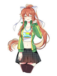 Rule 34 | 1girl, :d, ^ ^, black skirt, black thighhighs, brown hair, closed eyes, clothes writing, collarbone, commentary, cosplay, crop top, cropped legs, doki doki literature club, english commentary, closed eyes, facing viewer, green jacket, hair between eyes, hair ribbon, hand up, highres, jacket, long hair, midriff, monika (doki doki literature club), navel, open mouth, outline, persona, persona 4, plaid, plaid skirt, pleated skirt, ponytail, ribbon, satonaka chie, satonaka chie (cosplay), savi (byakushimc), simple background, skirt, smile, solo, thighhighs, unmoving pattern, very long hair, white background, white outline, white ribbon, zettai ryouiki