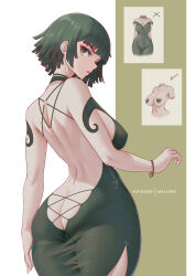Rule 34 | 1girl, absurdres, ass, backless outfit, bare back, bracelet, breasts, butt crack, choker, covered navel, dress, from behind, fubuki (one-punch man), green dress, green eyes, green hair, heart pasties, highres, jewelry, large breasts, looking at viewer, melowh, navel, necklace, one-punch man, pasties, simple background, solo, white background