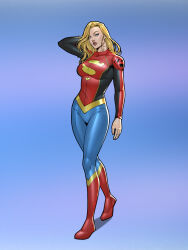 Rule 34 | 1girl, absurdres, blonde hair, bodysuit, dc comics, full body, gradient background, hand in own hair, highres, invictarex, long hair, multicolored bodysuit, multicolored clothes, solo, supergirl, superman (series), superman logo