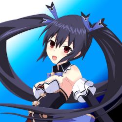 Rule 34 | armpits, bare shoulders, black hair, blue background, breasts, cleavage, collar, dress, happy, highres, jacket, long hair, medium breasts, mirroa1015, neptune (series), noire (neptunia), open mouth, red eyes, ribbon, tsundere, twintails, upper body, very long hair, waistcoat