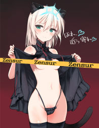 Rule 34 | 1girl, animal ears, black panties, black thighhighs, blonde hair, blush, body blush, breasts, cameltoe, cat ears, cat tail, censored, cleft of venus, cowboy shot, german text, gradient background, green eyes, hair between eyes, heinrike prinzessin zu sayn-wittgenstein, highleg, highleg panties, long hair, medium breasts, navel, noble witches, open clothes, panties, red background, revision, shimada fumikane, simple background, smile, solo, string panties, tail, thighhighs, tiara, underwear, underwear only, world witches series