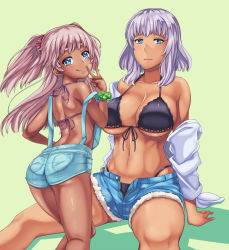 Rule 34 | 2girls, :q, ass, bare shoulders, blue eyes, breasts, cleavage, dark skin, dark-skinned female, denim, denim shorts, hai ookami, highres, jitome, large breasts, long hair, looking at viewer, midriff, multiple girls, navel, original, overalls, pink eyes, pink hair, purple hair, short shorts, shorts, siblings, simple background, sisters, skindentation, strap slip, suspenders, tongue, tongue out, yellow background