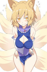 Rule 34 | 1girl, adapted costume, animal ears, bad id, bad twitter id, bare shoulders, blonde hair, blush, breasts, cleavage, cleavage cutout, clothing cutout, cowboy shot, detached sleeves, e.o., flying sweatdrops, fox ears, fox tail, highres, large breasts, multiple tails, naked tabard, short hair, simple background, solo, tabard, tail, touhou, white background, white sleeves, yakumo ran, yellow eyes