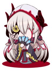 Rule 34 | 1girl, barefoot, blood, bloody tears, chibi, dark persona, fate/grand order, fate (series), horns, japanese clothes, kimono, kiyohime (fate), lamia, long hair, looking at viewer, monster girl, ogawa shou, one eye closed, riyo (lyomsnpmp) (style), snake, solo, white hair, yellow eyes