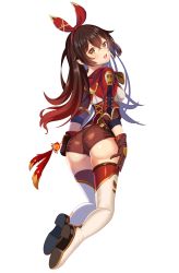 Rule 34 | amber (genshin impact), ass, blush, brown gloves, brown hair, full body, genshin impact, gloves, hair ribbon, highres, long hair, open mouth, red eyes, ribbon, simple background, solo, the des alizes, thighhighs, white background, white thighhighs