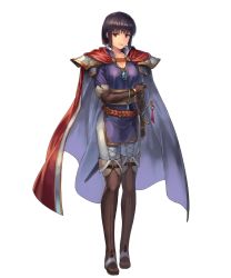 Rule 34 | 1girl, belt, brown hair, cape, cuboon, elbow gloves, fire emblem, fire emblem: thracia 776, fire emblem heroes, full body, gloves, highres, official art, olwen (fire emblem), pant, purple eyes, short hair, solo, standing, sword, thighhighs, transparent background, weapon
