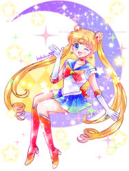 Rule 34 | 1girl, ;d, bishoujo senshi sailor moon, blonde hair, blue eyes, blue sailor collar, blue skirt, boots, bow, bowtie, choker, collarbone, collared shirt, crescent, crescent earrings, double bun, earrings, elbow gloves, english text, floating hair, gloves, gradient skirt, hair bun, hair intakes, hoshikuzu (milkyway792), jewelry, knee boots, long hair, looking at viewer, miniskirt, on crescent, one eye closed, open mouth, pleated skirt, red bow, red bowtie, red choker, red footwear, sailor collar, sailor moon, sailor senshi uniform, sailor shirt, shirt, sitting, sitting on moon, skirt, smile, solo, very long hair, white gloves, white shirt