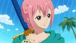 Rule 34 | 1girl, animated, animated gif, armor, bikini armor, breasts, cape, dressrosa, female focus, large breasts, lowres, one piece, pink hair, rebecca (one piece), screencap, sky, solo, sword, weapon