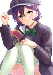 Rule 34 | 1girl, armband, black coat, black shirt, blush, borrowed clothes, bow, bowtie, coat, green bow, green bowtie, green eyes, hair behind ear, hair between eyes, hand on headwear, hand on own knee, hat, highres, knees up, looking at viewer, love live!, love live! school idol festival, mole, mole under eye, nanatsu no umi, peaked cap, purple hair, red armband, sakamaki chiduko, shirt, short hair, sitting, smile, solo, thighhighs, white background, white thighhighs, yellow armband