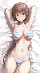 Rule 34 | 1girl, absurdres, armpits, arms behind head, arms up, bed sheet, bikini, blush, breasts, brown eyes, cleavage, commission, highres, large breasts, light brown hair, long hair, looking at viewer, lying, navel, nea (nea 77), on back, original, parted lips, side-tie bikini bottom, signature, solo, striped bikini, striped clothes, swimsuit