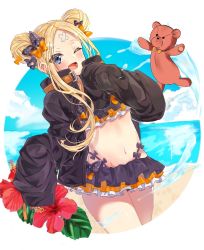 Rule 34 | 1girl, abigail williams (emerald float) (fate), abigail williams (fate), abigail williams (traveling outfit) (fate), bad id, bad pixiv id, bandaid, bandaid on face, bandaid on forehead, beach, belt, bikini, black bikini, black bow, black jacket, blonde hair, blue eyes, blue sky, blush, bow, breasts, crossed bandaids, day, double bun, emerald float, fate/grand order, fate (series), flower, forehead, frilled bikini, frills, hair bow, hair bun, heroic spirit traveling outfit, hibiscus, jacket, long hair, long sleeves, looking at viewer, moriyama (pixiv47135650), multiple hair bows, navel, ocean, official alternate costume, one eye closed, open clothes, open jacket, open mouth, orange belt, orange bow, parted bangs, polka dot, polka dot bow, sidelocks, sky, sleeves past fingers, sleeves past wrists, small breasts, smile, solo, stuffed animal, stuffed toy, swimsuit, teddy bear, thighs