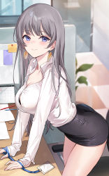 Rule 34 | 1girl, ass, black bra, black skirt, blue eyes, blurry, blush, bra, bra peek, breasts, button gap, chair, cleavage, closed mouth, collarbone, collared shirt, depth of field, dress shirt, earrings, emyo, grey hair, high-waist skirt, indoors, jewelry, lanyard, large breasts, leaning forward, long hair, long sleeves, looking at viewer, miniskirt, office chair, office lady, original, pencil skirt, shirt, shirt tucked in, skirt, smile, solo, standing, swivel chair, thighs, underwear, white shirt