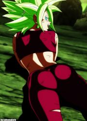 Rule 34 | 10s, 1girl, absurdres, ass, ass focus, blonde hair, blush, bruise, crop top, dragon ball, dragon ball super, earrings, from behind, highres, hip focus, huge ass, injury, jewelry, kefla (dragon ball), looking back, lying, midriff, no pupils, on stomach, pants, salvamakoto, solo, spiked hair, super saiyan, super saiyancaulifla, thick thighs, thighs, torn clothes, wide hips