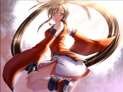 Rule 34 | 1girl, arc system works, ass, bare shoulders, boots, brown eyes, brown hair, can, china dress, chinese clothes, detached sleeves, dress, from behind, guilty gear, kuradoberi jam, long hair, miniskirt, official art, skirt, solo