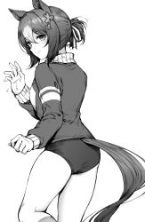 Rule 34 | 1girl, animal ears, ass, breasts, buruma, closed mouth, clover hair ornament, commentary request, duplicate, feet out of frame, fine motion (umamusume), greyscale, hair bun, hair ornament, hand up, highres, horse ears, horse girl, horse tail, jacket, long sleeves, looking at viewer, looking back, monochrome, nihudau, open clothes, open jacket, pixel-perfect duplicate, short hair, small breasts, smile, solo, tail, tracen training uniform, umamusume, waving
