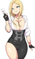 Rule 34 | 1girl, asymmetrical legwear, bad id, bad pixiv id, between fingers, black pants, blonde hair, blue eyes, breasts, card, card between fingers, cleavage, closers, corset, fingerless gloves, gloves, gluteal fold, harpy (closers), large breasts, long hair, looking at viewer, mismatched legwear, pants, playing card, smile, smirk, solo, thigh gap, urec