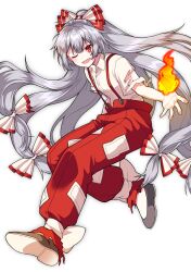 Rule 34 | 1girl, ;d, black footwear, bow, collared shirt, commentary request, fire, fire, fujiwara no mokou, full body, grey hair, hair bow, highres, long hair, looking at viewer, ofuda, ofuda on clothes, one eye closed, open mouth, pants, red bow, red eyes, red pants, shirt, shoes, smile, solo, suspenders, torn clothes, torn pants, torn sleeves, touhou, two-tone bow, very long hair, white bow, white shirt, yunoo (cmzkvneld845)