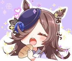 Rule 34 | 1girl, :o, animal ears, blue flower, blue hat, blue rose, blush, bread, brown hair, chibi, closed eyes, commentary request, cropped torso, facing viewer, flower, food, hair over one eye, hat, hat flower, heart, holding, holding food, horse ears, jako (jakoo21), long hair, open mouth, puffy sleeves, purple background, purple shirt, rice shower (umamusume), rose, shirt, solo, sparkle, teeth, tilted headwear, two-tone background, umamusume, upper body, upper teeth only, white background
