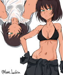 Rule 34 | 10s, 1girl, absurdres, bikini, bikini top only, black bikini, black gloves, black pants, breasts, brown hair, cleavage, closed mouth, clothes pull, commentary, dark skin, from above, girls und panzer, gloves, green eyes, half-closed eyes, highres, hoshino (girls und panzer), looking at viewer, lying, mechanic, medium breasts, multiple views, navel, on back, pants, shirt, shirt pull, short hair, simple background, sketch, smile, standing, sweat, swimsuit, tan, tanline, tied shirt, toku (yhpv8752), twitter username, upper body, white background, white shirt