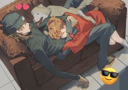 1boy 1girl animal aragaki_shinjirou beanie black_hat black_pants black_sweater blush borrowed_clothes brown_hair brown_shoes closed_eyes clothes_blanket coat commentary_request couch dog emoji fangs hair_ornament hairclip hat heart hetero highres hug kneehighs korean_commentary koromaru_(persona) long_sleeves on_couch open_mouth pants persona persona_3 persona_3_portable reclining shiomi_kotone shoes sleeping socks sunglasses_emoji sweater tongue unworn_coat wala75715