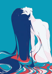 Rule 34 | 1girl, aqua background, ass, back, breasts, closed eyes, closed mouth, completely nude, facing up, flat color, from behind, head back, highres, long hair, nude, original, partially submerged, ripples, signature, simple background, small breasts, solo, unsomnus, very long hair, water