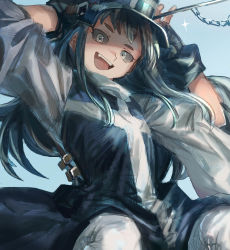 Rule 34 | 1girl, :d, arms up, bad id, bad pixiv id, black gloves, blue background, chain, colored sclera, dark green hair, dress, eyebrows, fang, fingerless gloves, gloves, green hair, grey eyes, grey sclera, hat, head tilt, highres, jpeg artifacts, long hair, looking at viewer, open mouth, original, pants, ringed eyes, shichigatsu, simple background, smile, solo, sparkle, upper body, white legwear