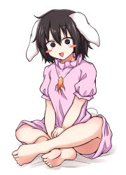 Rule 34 | 1girl, animal ears, barefoot, black eyes, black hair, blush stickers, breasts, commentary request, cookie (touhou), dress, floppy ears, full body, hair between eyes, highres, inaba tewi, jun (cookie), looking at viewer, nb mgnorkr, open mouth, pink dress, puffy short sleeves, puffy sleeves, rabbit ears, rabbit tail, ribbon-trimmed dress, short hair, short sleeves, simple background, sitting, small breasts, smile, solo, tail, touhou, white background