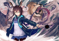 Rule 34 | 1girl, absurdres, amiya (arknights), animal ears, arknights, black jacket, black pantyhose, brown hair, commentary request, cowboy shot, green eyes, hair between eyes, highres, huoyunxieshen, infection monitor (arknights), jacket, jewelry, lion, long hair, long sleeves, material growth, open clothes, open jacket, oripathy lesion (arknights), pantyhose, rabbit ears, ring, sidelocks, skirt, snake