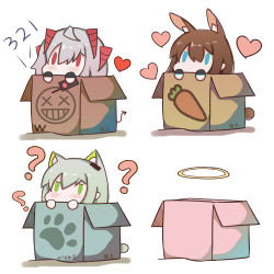 Rule 34 | 3girls, ?, amiya (arknights), animal ears, arknights, bad id, bad pixiv id, blue eyes, box, brown hair, cardboard box, carrot, chibi, chinese commentary, chinese text, commentary request, controller, demon girl, demon horns, demon tail, detonator, green eyes, green hair, grey hair, halo, hatsuzuki 527 (style), highres, holding, holding remote control, horns, in box, in container, kal&#039;tsit (arknights), luai (qq), multiple girls, rabbit ears, red eyes, red horns, remote control, short hair, solid oval eyes, tail, w (arknights)