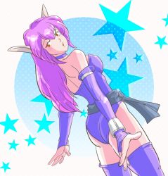 Rule 34 | 1girl, ass, bb9 megadrive, choker, commentary request, dutch angle, fantasy, game console, highres, leotard, long hair, looking back, mutant, nei, phantasy star, phantasy star ii, pointy ears, purple hair, purple thighhighs, red eyes, science fiction, sega, sega mega drive, star (symbol), starry background, thighhighs, waistband