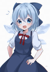 Rule 34 | 1girl, :d, blue bow, blue dress, blue eyes, blue hair, blush, bow, breasts, cirno, collared shirt, dress, embodiment of scarlet devil, hair bow, hand on own hip, highres, ice, ice wings, looking at viewer, neck ribbon, notice lines, open mouth, pinafore dress, red ribbon, ribbon, shirt, short hair, short sleeves, simple background, sleeveless dress, small breasts, smile, solo, teeth, touhou, upper teeth only, white background, white shirt, wings, yuxi