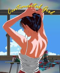 Rule 34 | 1girl, adjusting hair, arms up, back, back focus, black hair, blue sky, building, camisole, can, cloud, cloudy sky, english text, from behind, highres, indoors, mouth hold, original, ponytail, shoulder blades, sky, solo, tree 13, upper body, white camisole, window