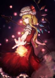 Rule 34 | 1girl, ascot, bad id, bad pixiv id, blonde hair, bow, chen feng si, danmaku, energy ball, fingernails, flandre scarlet, frilled skirt, frills, hat, hat bow, laevatein, long hair, long skirt, looking at viewer, looking to the side, mob cap, open hand, outstretched arm, ponytail, red eyes, red skirt, red vest, shirt, short hair, short hair with long locks, short sleeves, side ponytail, skirt, smile, solo, spell card, touhou, vest, white shirt, wings