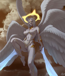 Rule 34 | 1girl, angel wings, black nails, black sclera, breasts, closed mouth, cloud, cloudy sky, colored sclera, colored skin, completely nude, dual wielding, female focus, final fantasy, final fantasy xiv, fingernails, grey hair, grey skin, halo, highres, holding, holding sword, holding weapon, large breasts, long fingernails, long hair, multiple wings, nail polish, nanodeath, navel, nipples, nude, pussy, sharp fingernails, sin eater (ff14), sky, solo, sword, weapon, wings, yellow eyes