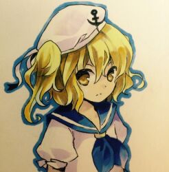 Rule 34 | 1girl, blonde hair, blue background, blue neckerchief, blue sailor collar, closed mouth, commentary request, flat chest, frown, hat, kaigen 1025, kitashirakawa chiyuri, marker (medium), medium hair, neckerchief, puffy short sleeves, puffy sleeves, sailor collar, sailor hat, sailor shirt, shirt, short sleeves, simple background, solo, touhou, touhou (pc-98), traditional media, twintails, white background, white hat, yellow eyes