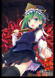 Rule 34 | &gt;:o, 1girl, :o, black thighhighs, blush, female focus, flower, garter straps, green eyes, green hair, hat, highres, long sleeves, looking at viewer, matching hair/eyes, minamura haruki, open mouth, pointing, pointing at viewer, rod of remorse, shiki eiki, short hair, skirt, solo, spider lily, thighhighs, touhou, v-shaped eyebrows