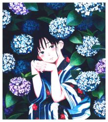 Rule 34 | 1girl, absurdres, black eyes, black hair, blue flower, blush, border, colored pencil (medium), commentary request, floral print, flower, fuyuno kamome, head rest, highres, hydrangea, japanese clothes, kimono, leaf, looking at viewer, original, own hands together, parted lips, plant, purple flower, short sleeves, solo, squatting, striped clothes, striped kimono, traditional media, white border