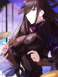 Rule 34 | 1girl, black dress, black hair, breasts, brown hair, commentary request, double bun, dress, fate/grand order, fate (series), fish, hair between eyes, hair bun, hair ornament, highres, large breasts, long hair, long sleeves, looking at viewer, murasaki shikibu (fate), puffy sleeves, purple eyes, sleeves past wrists, solo, two side up, umbrella, very long hair, zhanzheng zi