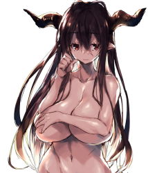 Rule 34 | 10s, 1girl, antenna hair, black hair, breasts, closed mouth, collarbone, covering privates, covering breasts, danua, draph, eyebrows, granblue fantasy, hair between eyes, horns, huge breasts, long hair, looking at viewer, navel, nude, pointy ears, red eyes, redcomet, simple background, smile, solo, stomach, upper body, very long hair, white background