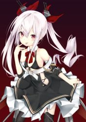 Rule 34 | 1girl, azur lane, belt, black bra, black thighhighs, blush, bra, chain, detached collar, garter belt, hair between eyes, hair ornament, hair ribbon, hand on own cheek, hand on own face, highres, hiraba 6018, long hair, looking at viewer, red background, red eyes, red ribbon, ribbon, silver hair, simple background, solo, standing, thighhighs, tongue, tongue out, twintails, underwear, vampire (azur lane), very long hair