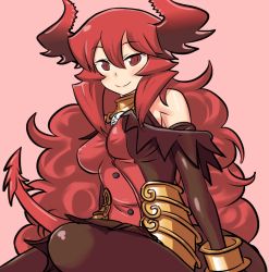 Rule 34 | 1girl, armlet, bad id, bad tumblr id, bare shoulders, black pantyhose, boots, bracelet, breasts, demon girl, demon tail, elbow gloves, gloves, horns, jewelry, long hair, maou beluzel, matsuda yuusuke, medium breasts, original, pantyhose, pleated skirt, red eyes, red hair, sitting, skirt, smile, solo, tail, thighhighs, yuusha to maou