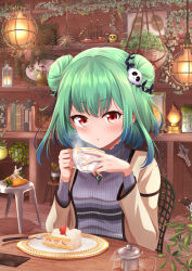 Rule 34 | 1girl, absurdres, alternate costume, beige cardigan, blowing on food, blue hair, blue ribbon, blush, butterfly necklace, cake, cake slice, cardigan, cup, double bun, earrings, food, gradient hair, green hair, hair bun, hair ribbon, highres, holding, holding cup, hololive, jewelry, kaigan, long sleeves, looking at viewer, medium hair, mixed-language commentary, multicolored hair, necklace, pov across table, red eyes, ribbon, sidelocks, sitting, skull earrings, solo, teacup, uruha rushia, virtual youtuber