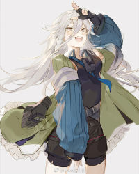 Rule 34 | 1girl, ammunition pouch, artist name, belt, bike shorts, bike shorts under shorts, black shorts, blue necktie, blush, braid, breasts, coat, collared shirt, cowboy shot, fingerless gloves, girls&#039; frontline, gloves, green coat, grey eyes, hair between eyes, long hair, long sleeves, looking at viewer, medium breasts, messy hair, multiple belts, necktie, nineo, open mouth, pouch, salute, shirt, shorts, side braid, silver hair, simple background, single braid, sleeveless, sleeveless shirt, solo, two-finger salute, very long hair, vest, watermark, wing collar, xm8 (girls&#039; frontline)