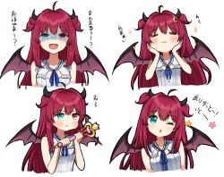 Rule 34 | 1girl, :3, :t, = =, ahoge, azu (azusayumix), bare arms, bare shoulders, blue eyes, blush, breasts, closed eyes, closed mouth, commentary request, cropped torso, demon girl, demon horns, demon wings, dress, hair between eyes, hands on own face, hands up, heterochromia, holding, holding wand, horns, long hair, multiple views, nijisanji, one eye closed, parted lips, pout, purple wings, red eyes, red hair, shaded face, simple background, sleeveless, sleeveless dress, small breasts, star (symbol), translation request, two side up, upper body, v-shaped eyebrows, very long hair, virtual youtuber, wand, white background, white dress, wings, yuzuki roa