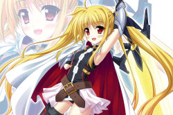 Rule 34 | 1girl, armpits, bardiche (nanoha), bardiche (zanber form) (nanoha), bare shoulders, belt, blonde hair, blush, buckle, cape, endori, fate testarossa, fate testarossa (blaze form), hair ribbon, long hair, lyrical nanoha, magical girl, mahou shoujo lyrical nanoha, mahou shoujo lyrical nanoha a&#039;s, mahou shoujo lyrical nanoha the movie 2nd a&#039;s, open mouth, red eyes, ribbon, skirt, smile, solo, sword, thighhighs, twintails, very long hair, weapon, zoom layer